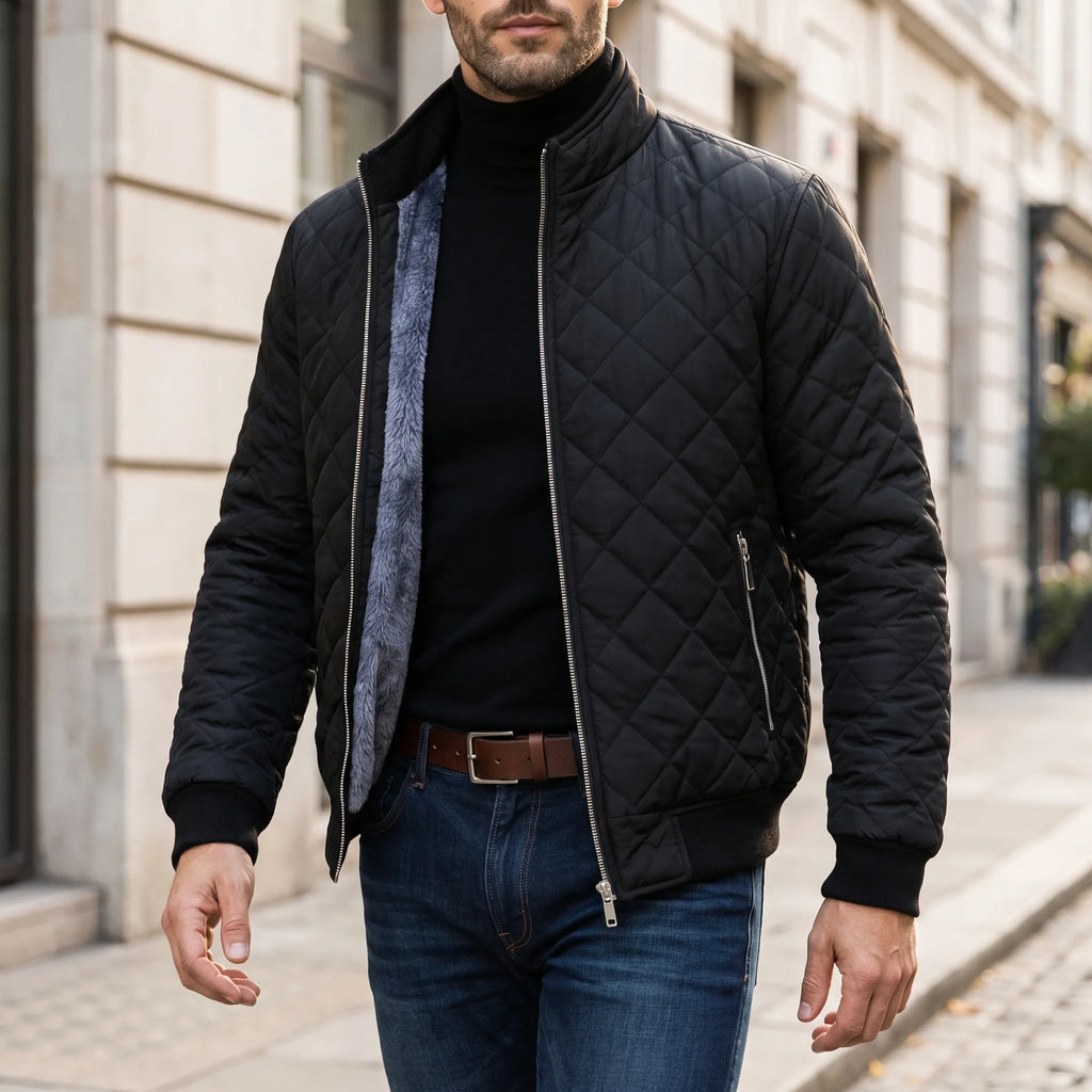 Men's diamond quilted padded jacket with stand collar and zip pockets