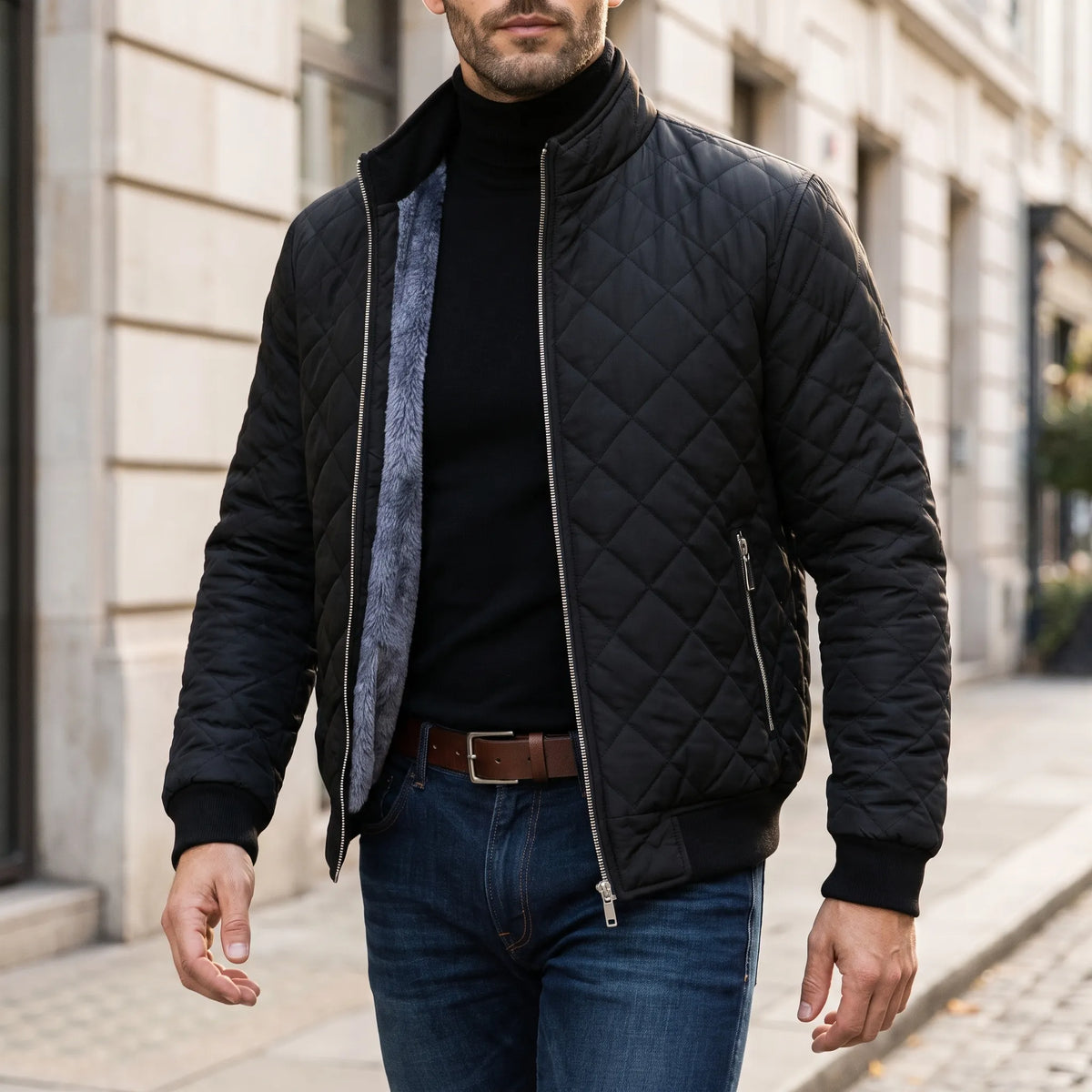 Men's diamond quilted padded jacket with stand collar and zip pockets