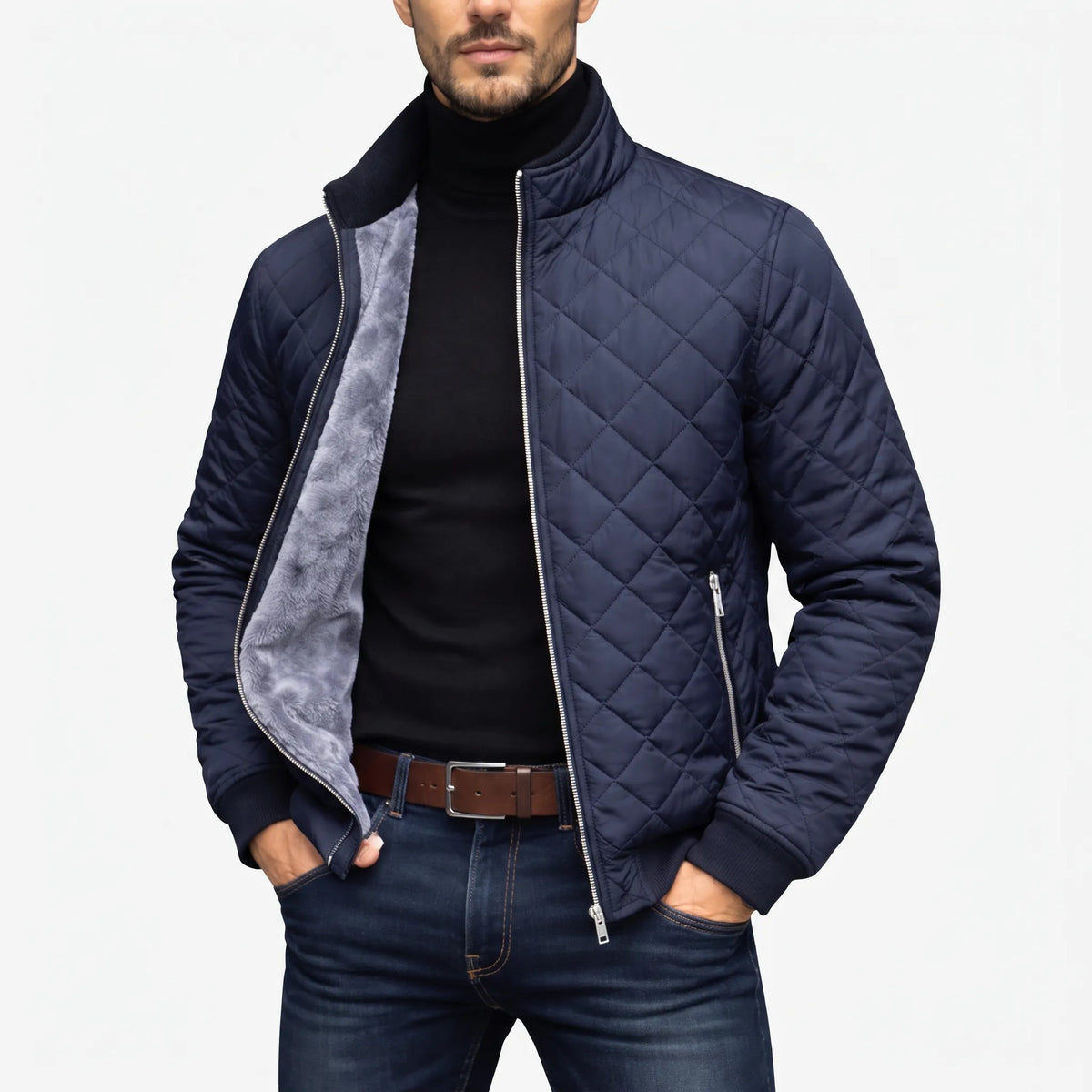 Men's diamond quilted padded jacket with stand collar and zip pockets