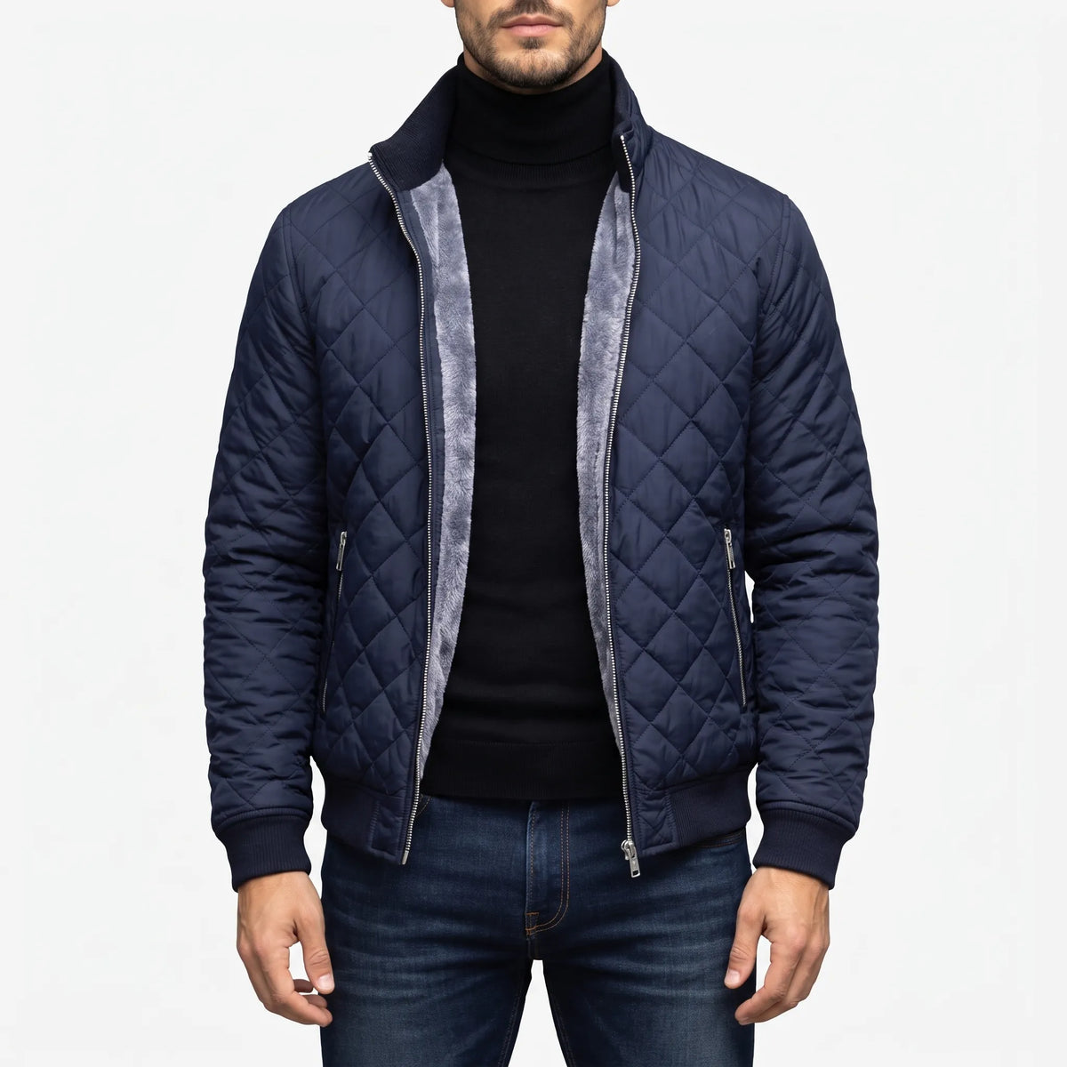 Men's diamond quilted padded jacket with stand collar and zip pockets