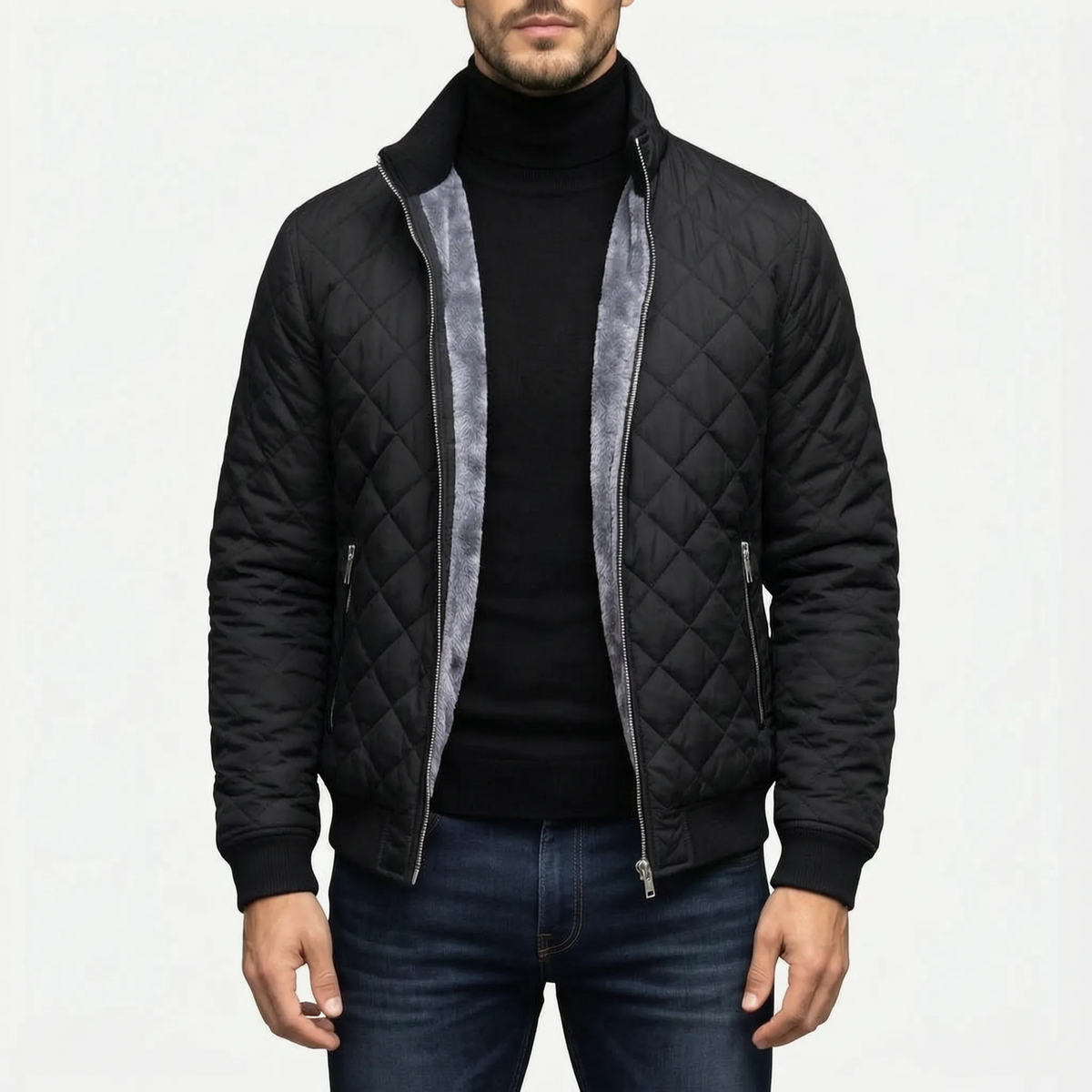 Men's diamond quilted padded jacket with stand collar and zip pockets