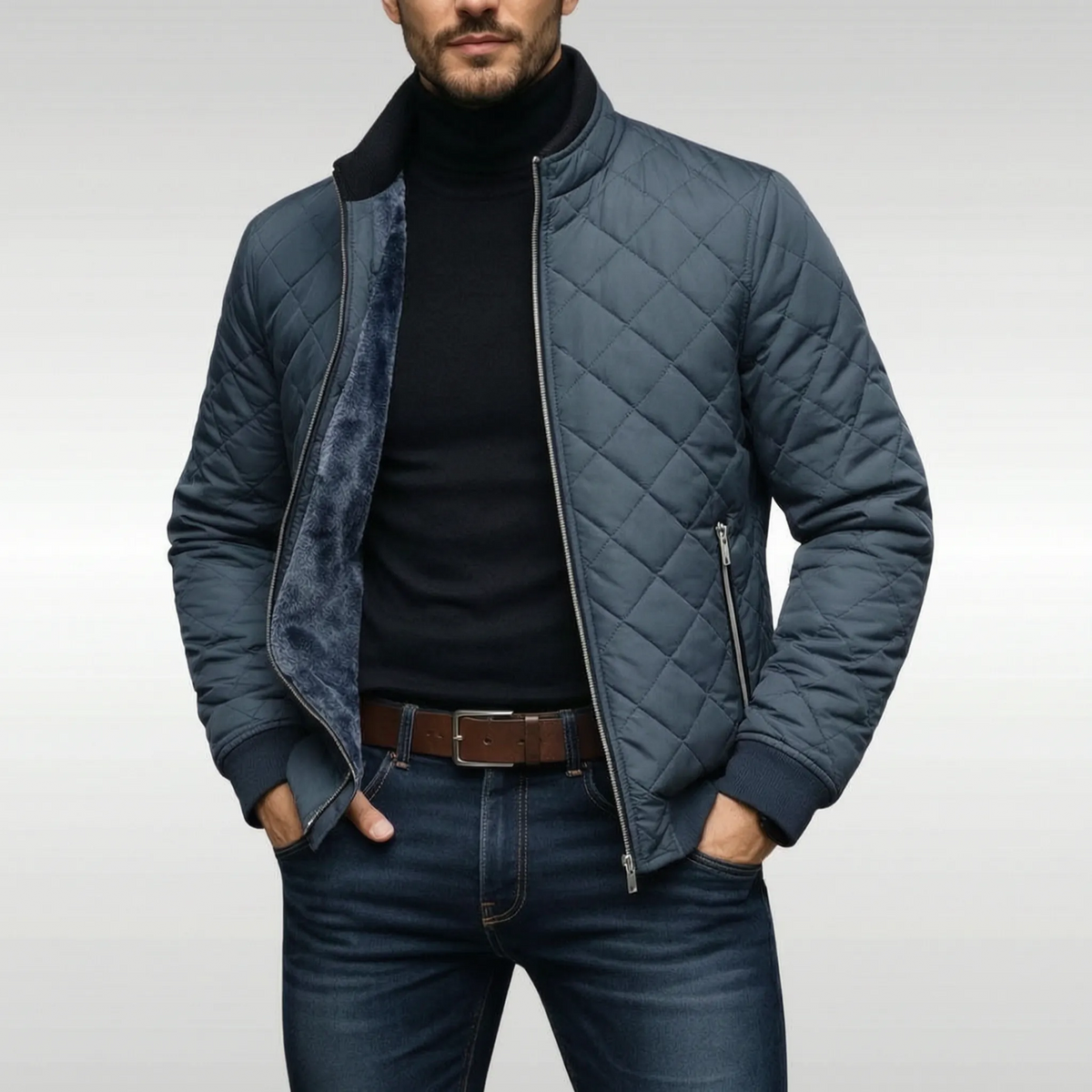 Men's diamond quilted padded jacket with stand collar and zip pockets