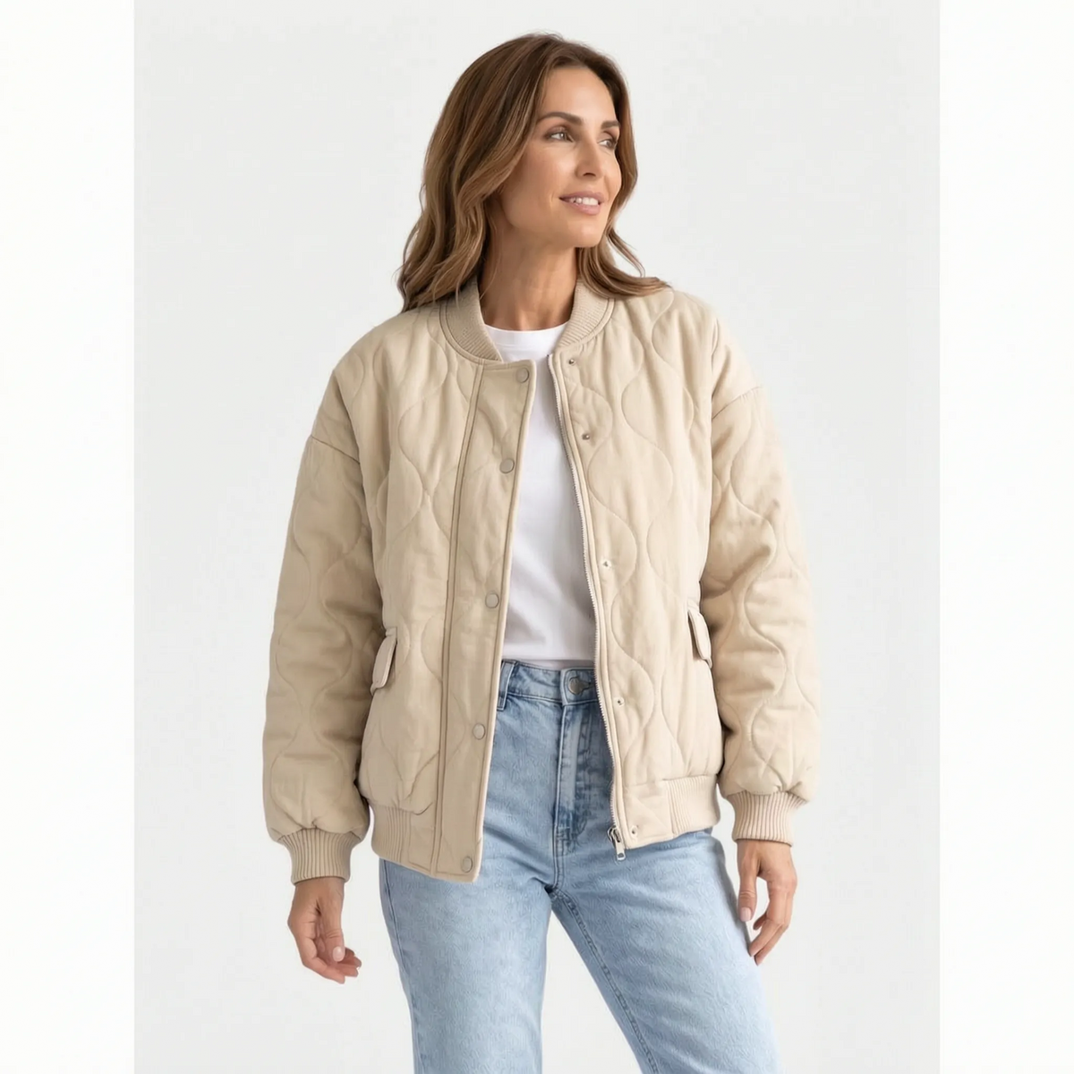 Women's oversized quilted bomber jacket with ribbed trim and front pockets