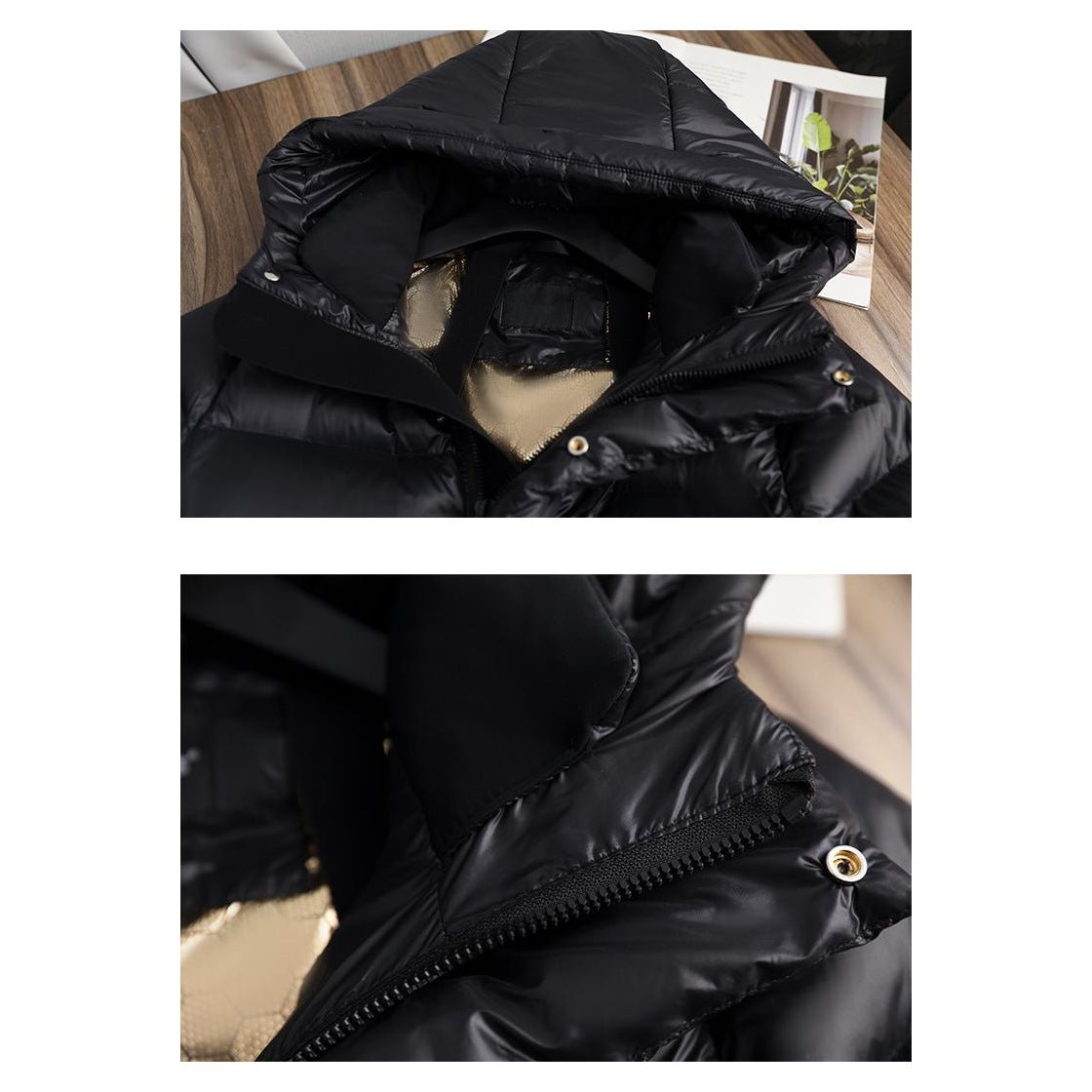 Women's black long hooded quilted puffer coat