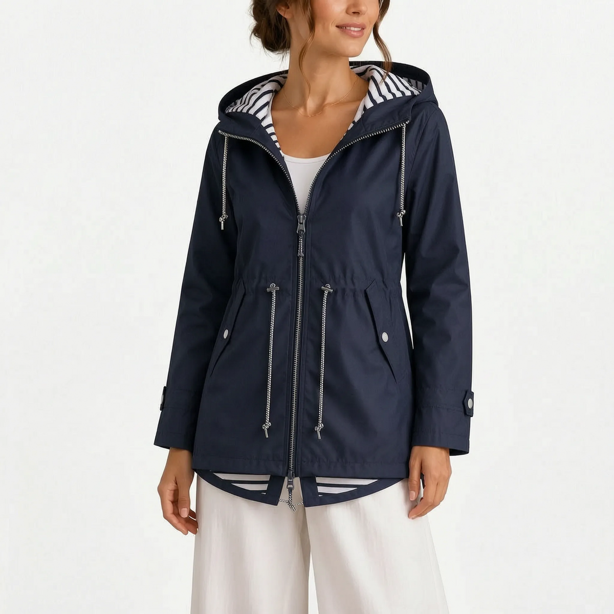 Women's hooded jacket with striped lining and long sleeves