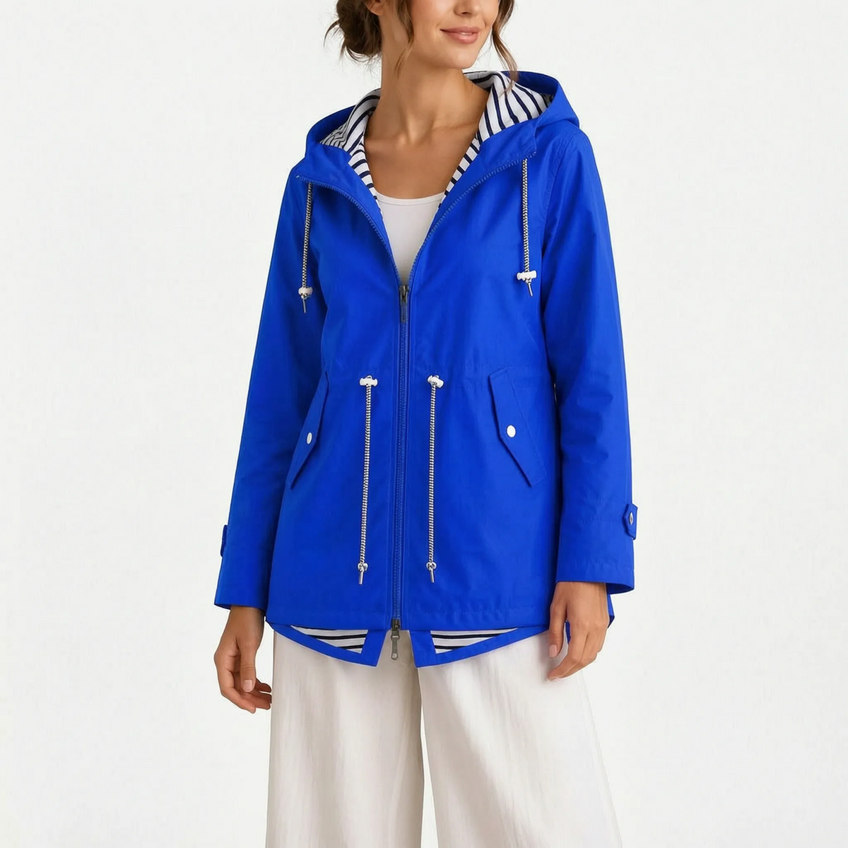 Women's hooded jacket with striped lining and long sleeves