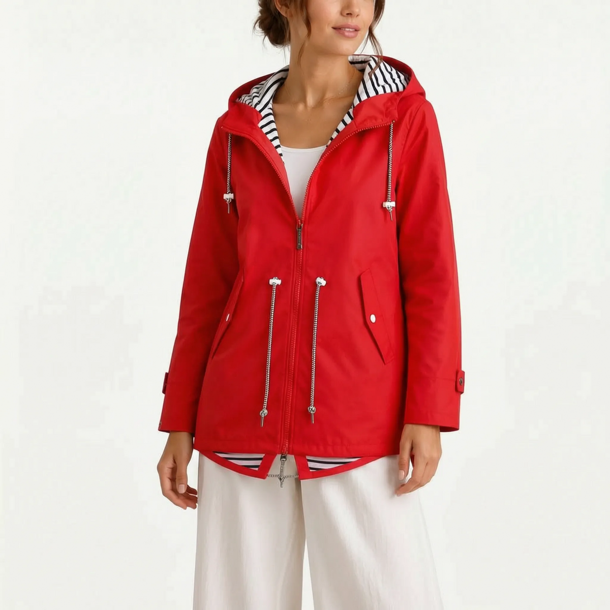 Women's hooded jacket with striped lining and long sleeves