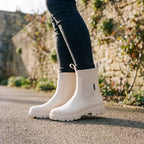 Women's ankle rain boots with ribbed shafts and chunky treaded soles