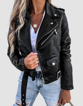 Women's cropped biker jacket with long sleeves, lapels, zips and silver-tone hardware