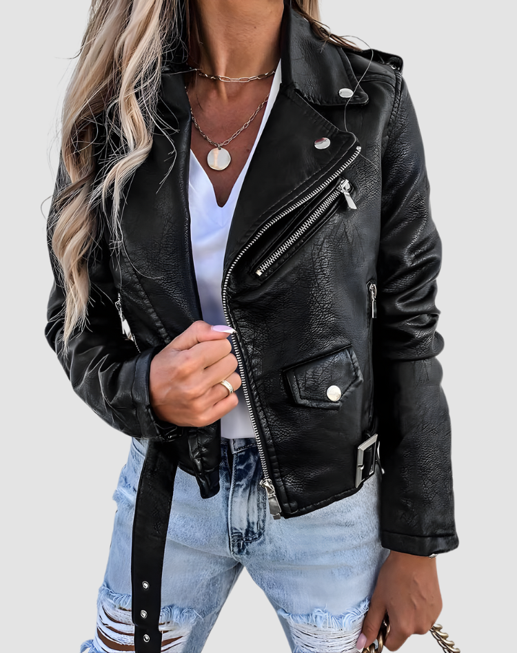 Women's cropped biker jacket with long sleeves, lapels, zips and silver-tone hardware