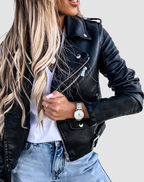 Women's cropped biker jacket with long sleeves, lapels, zips and silver-tone hardware