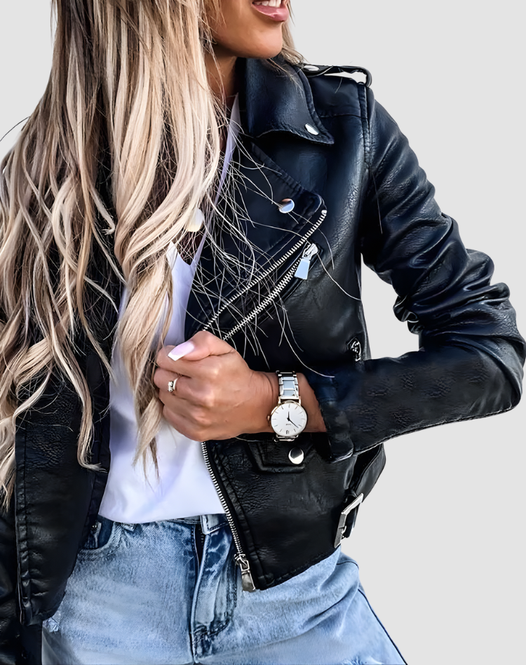 Women's cropped biker jacket with long sleeves, lapels, zips and silver-tone hardware