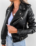 Women's cropped biker jacket with long sleeves, lapels, zips and silver-tone hardware