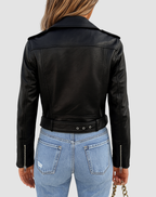 Women's cropped biker jacket with long sleeves, lapels, zips and silver-tone hardware