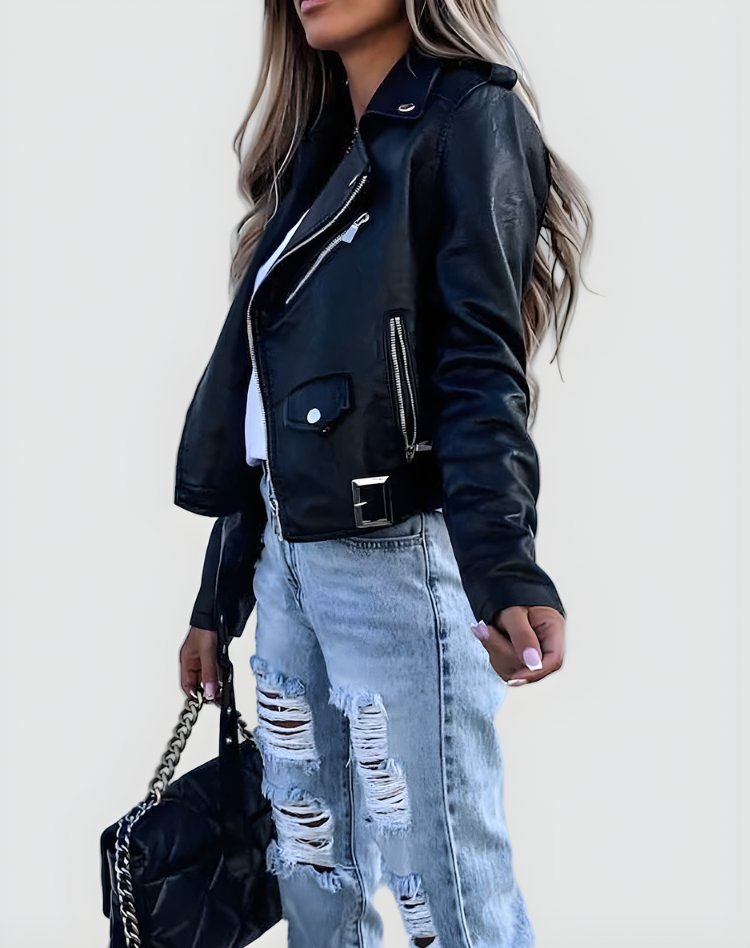 Women's cropped biker jacket with long sleeves, lapels, zips and silver-tone hardware