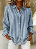 Women's striped button-down shirt with collar, long sleeves and curved hem