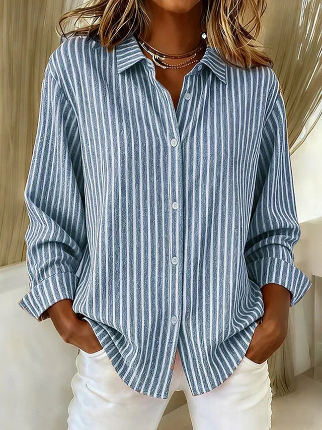 Women's striped button-down shirt with collar, long sleeves and curved hem