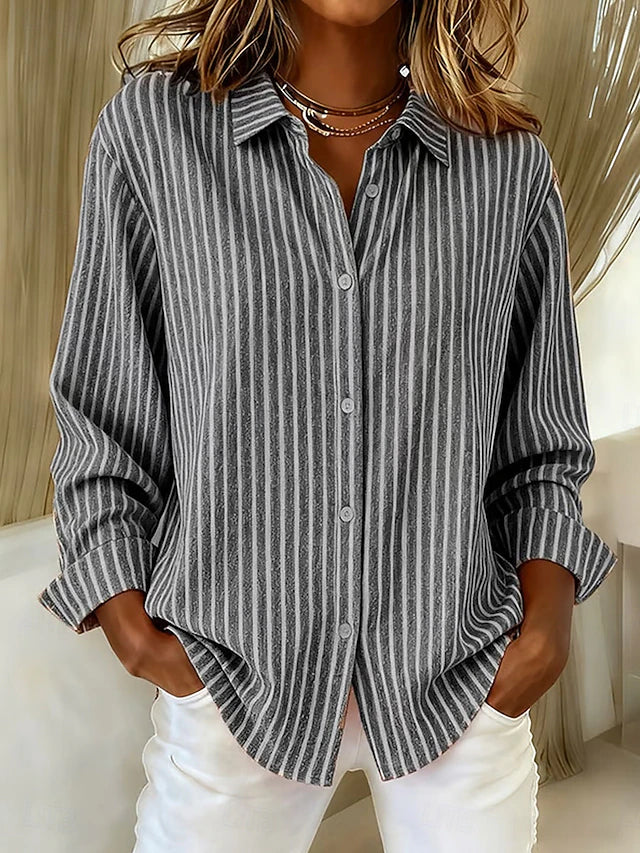 Women's striped button-down shirt with collar, long sleeves and curved hem