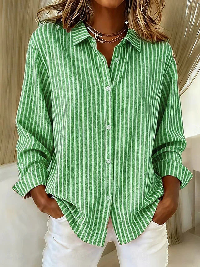 Women's striped button-down shirt with collar, long sleeves and curved hem