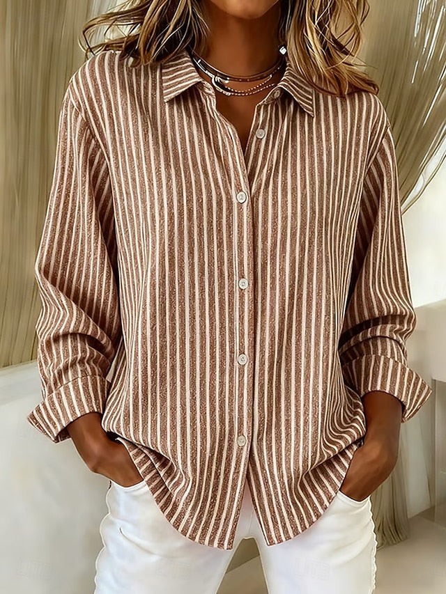 Women's striped button-down shirt with collar, long sleeves and curved hem