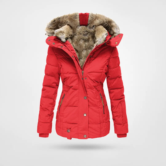 Women's quilted winter jacket with faux fur trimmed hood and zip pockets