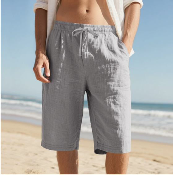 Men's plain knee-length drawstring shorts with side pockets