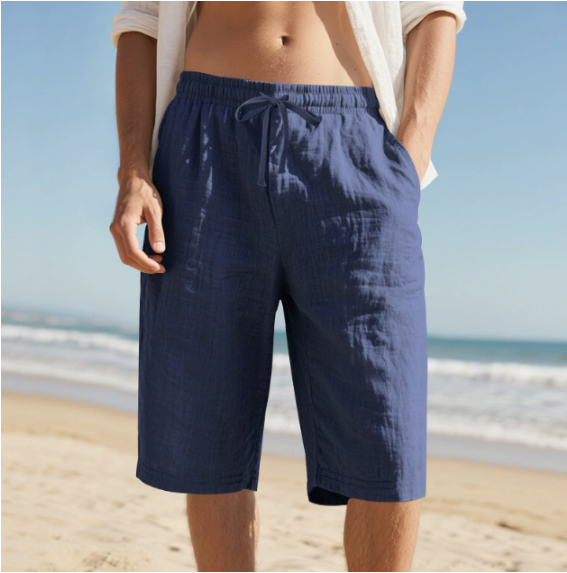 Men's plain knee-length drawstring shorts with side pockets