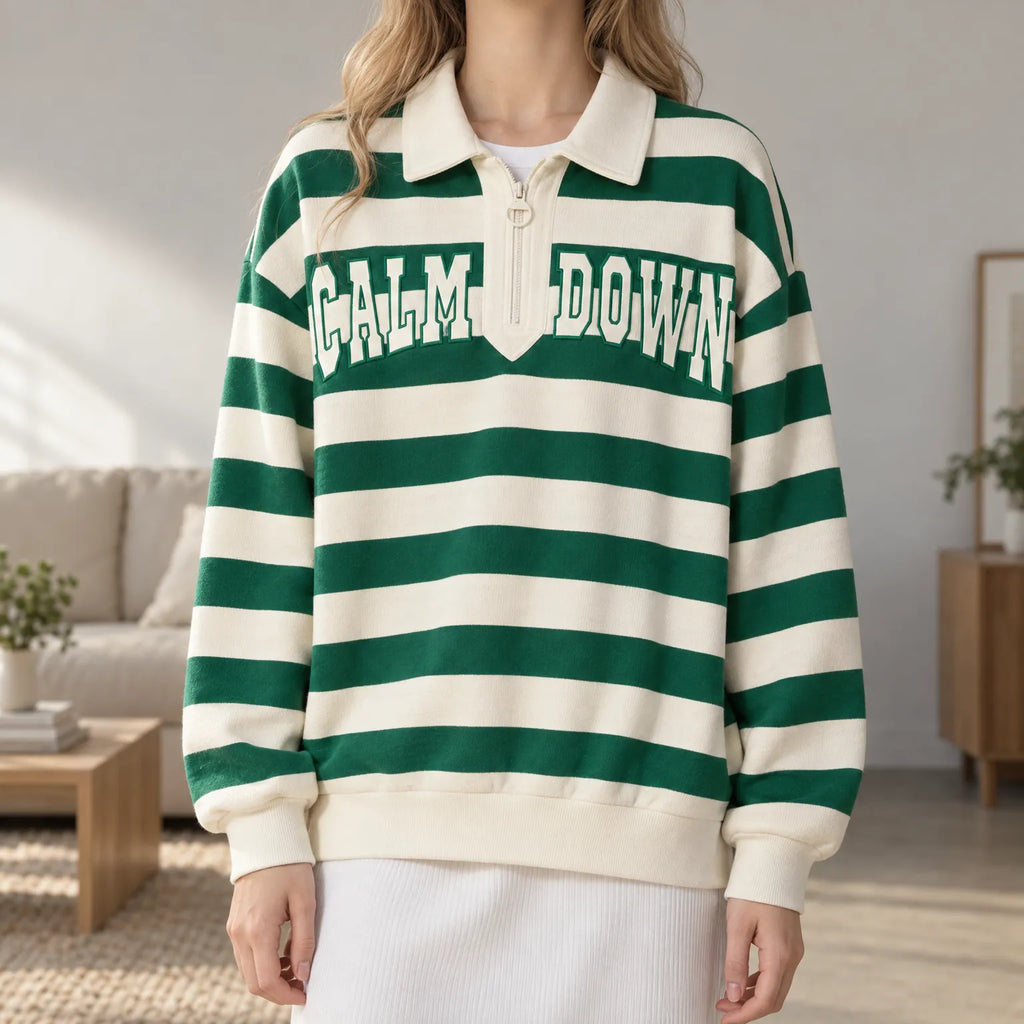 Retrostripe  - Striped Oversized Polo Sweatshirt Layering On Cooler Days