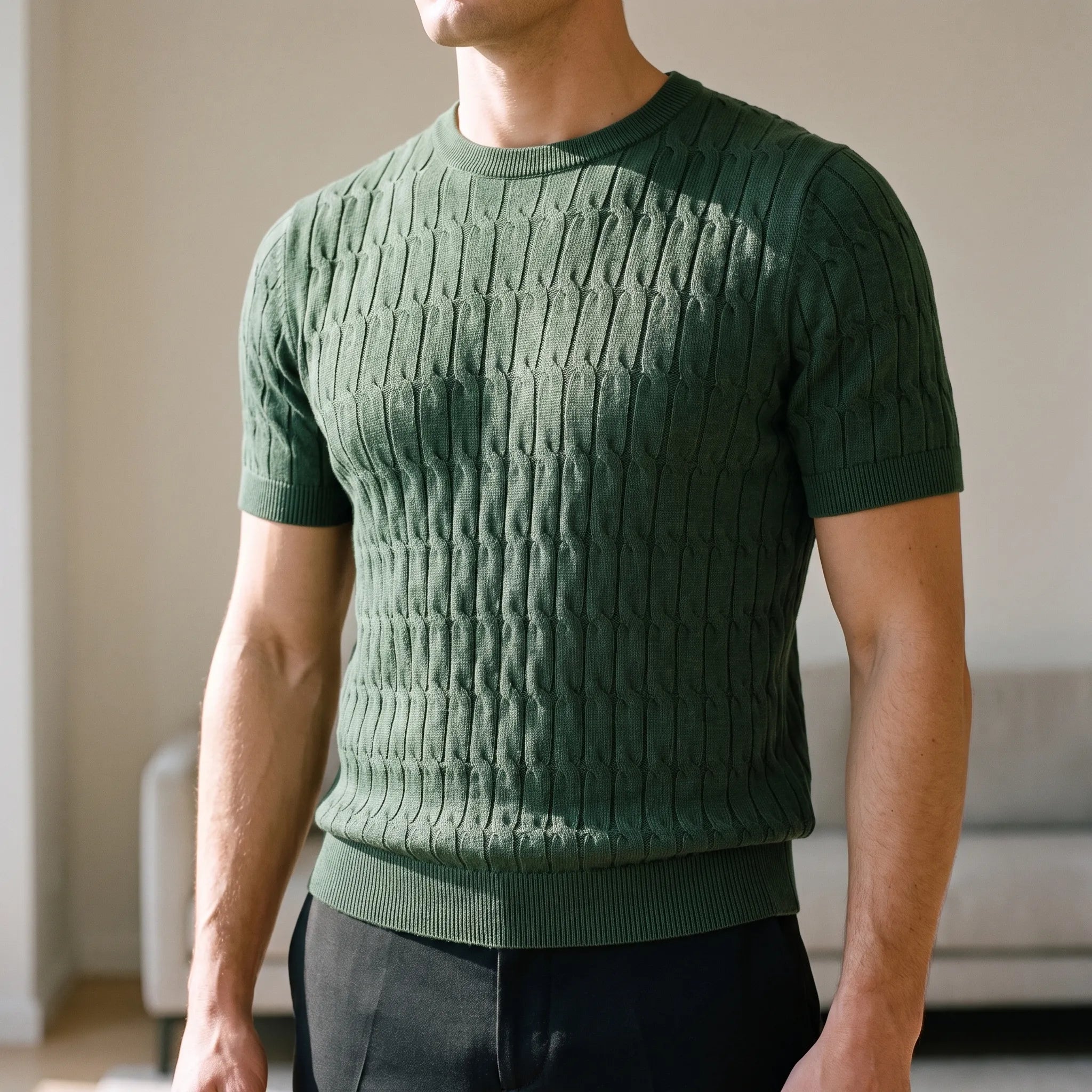 Ribford  - Textured Cable-Knit Short Sleeve Henley Shirt Smart-Casual Layering