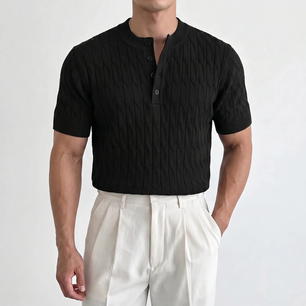 Ribford  - Textured Cable-Knit Short Sleeve Henley Shirt Smart-Casual Layering