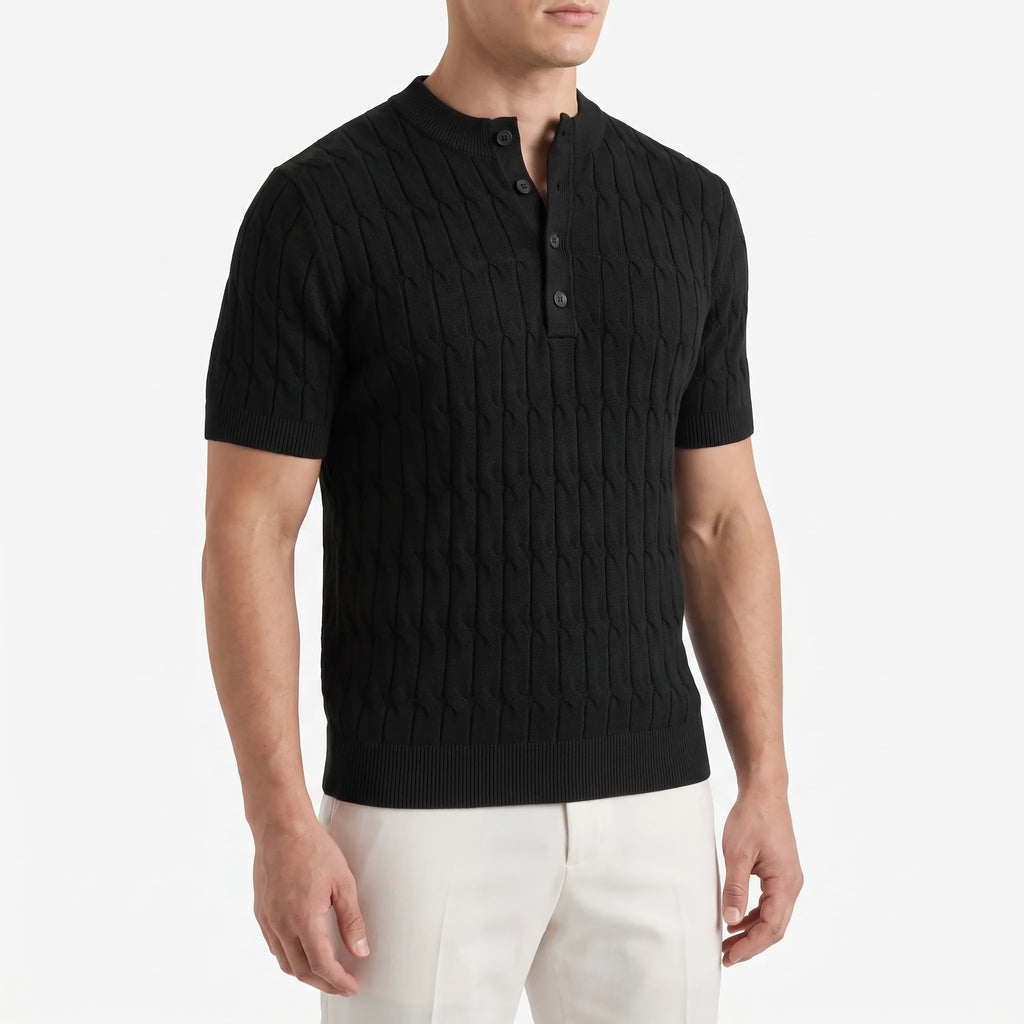 Ribford  - Textured Cable-Knit Short Sleeve Henley Shirt Smart-Casual Layering