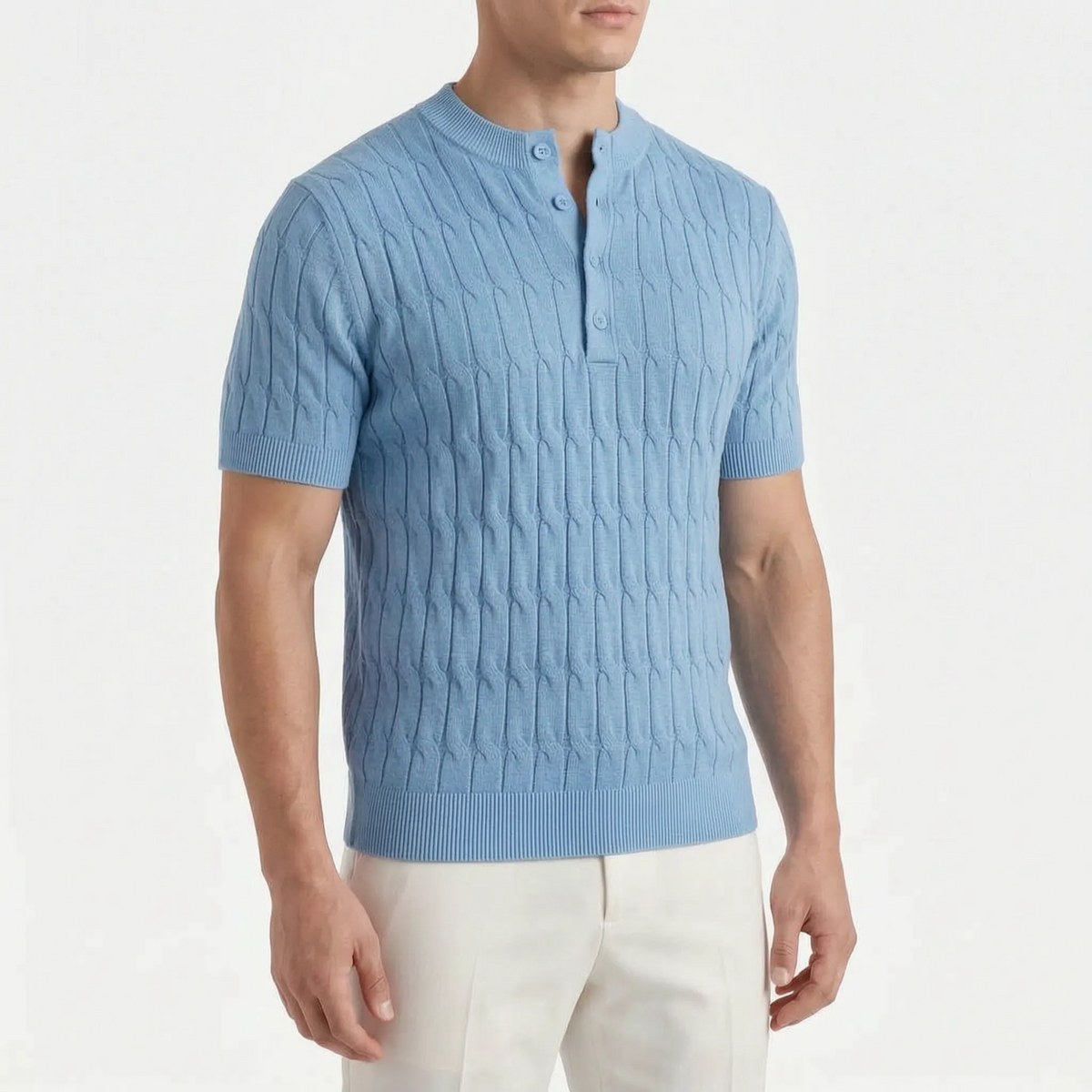 Ribford  - Textured Cable-Knit Short Sleeve Henley Shirt Smart-Casual Layering