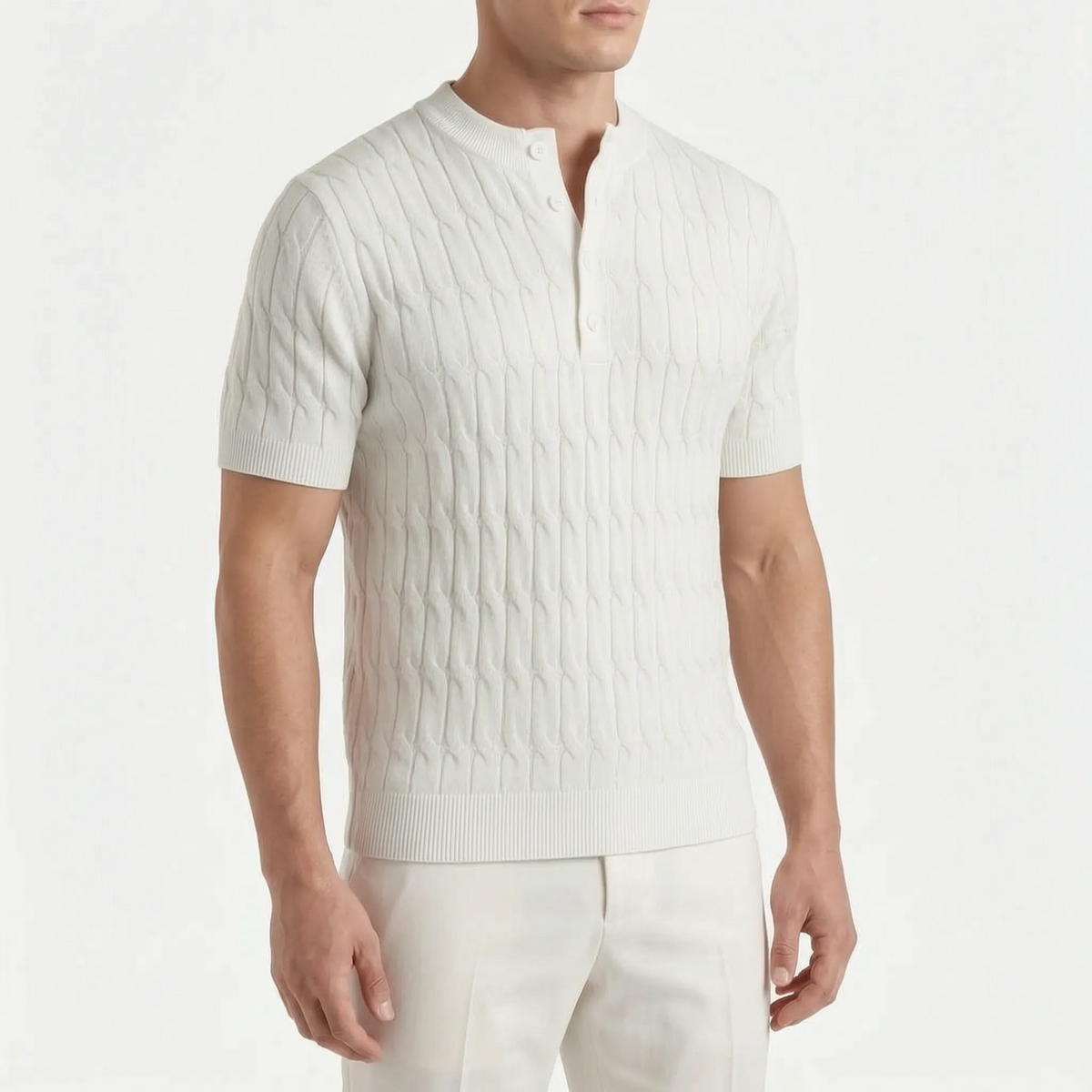 Ribford  - Textured Cable-Knit Short Sleeve Henley Shirt Smart-Casual Layering