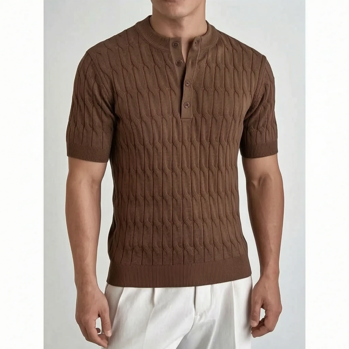 Ribford  - Textured Cable-Knit Short Sleeve Henley Shirt Smart-Casual Layering
