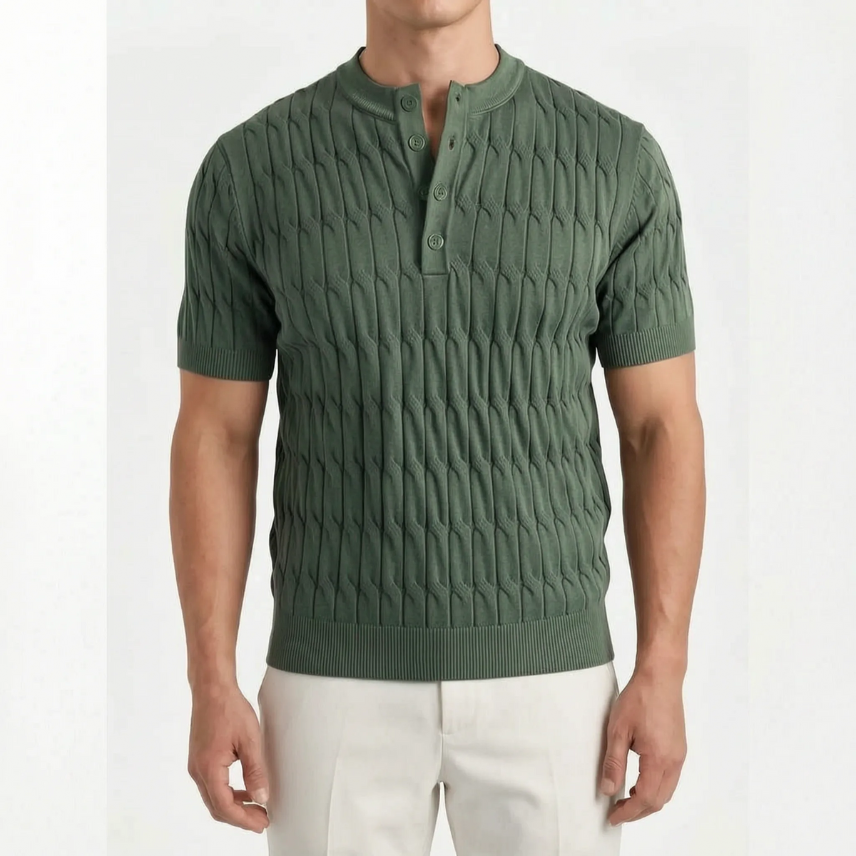 Ribford  - Textured Cable-Knit Short Sleeve Henley Shirt Smart-Casual Layering