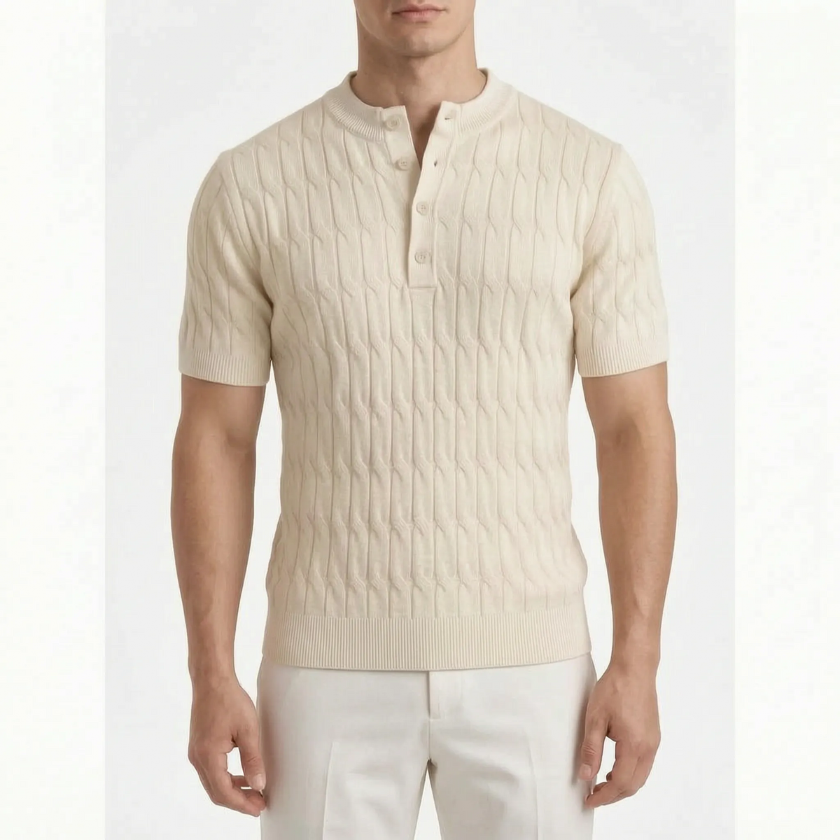 Ribford  - Textured Cable-Knit Short Sleeve Henley Shirt Smart-Casual Layering