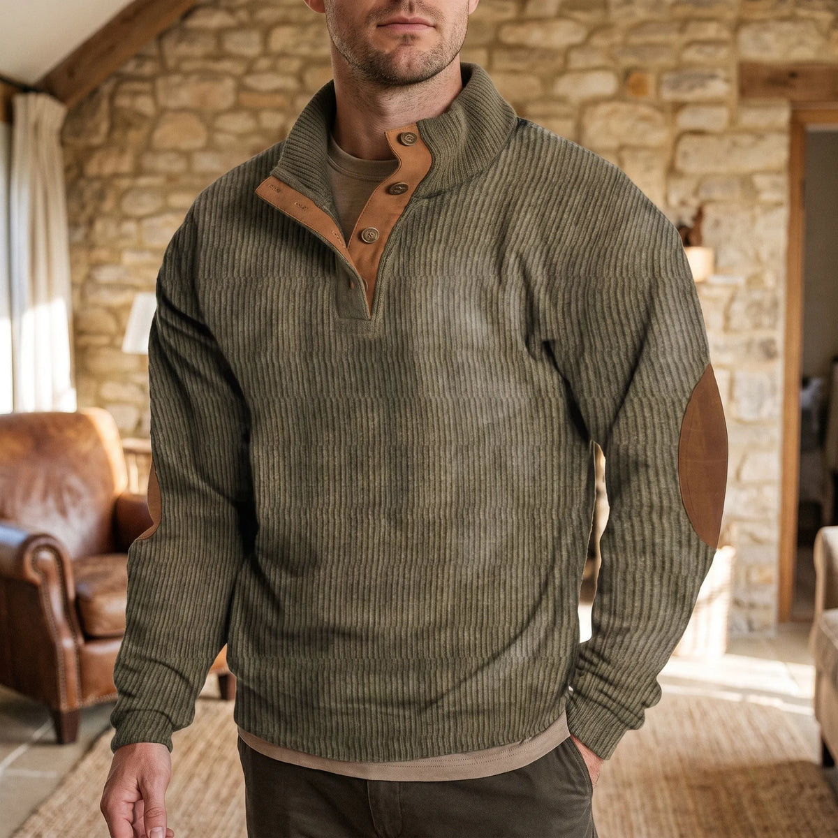 Men's ribbed half-zip jumper with mock neck and contrasting elbow patches