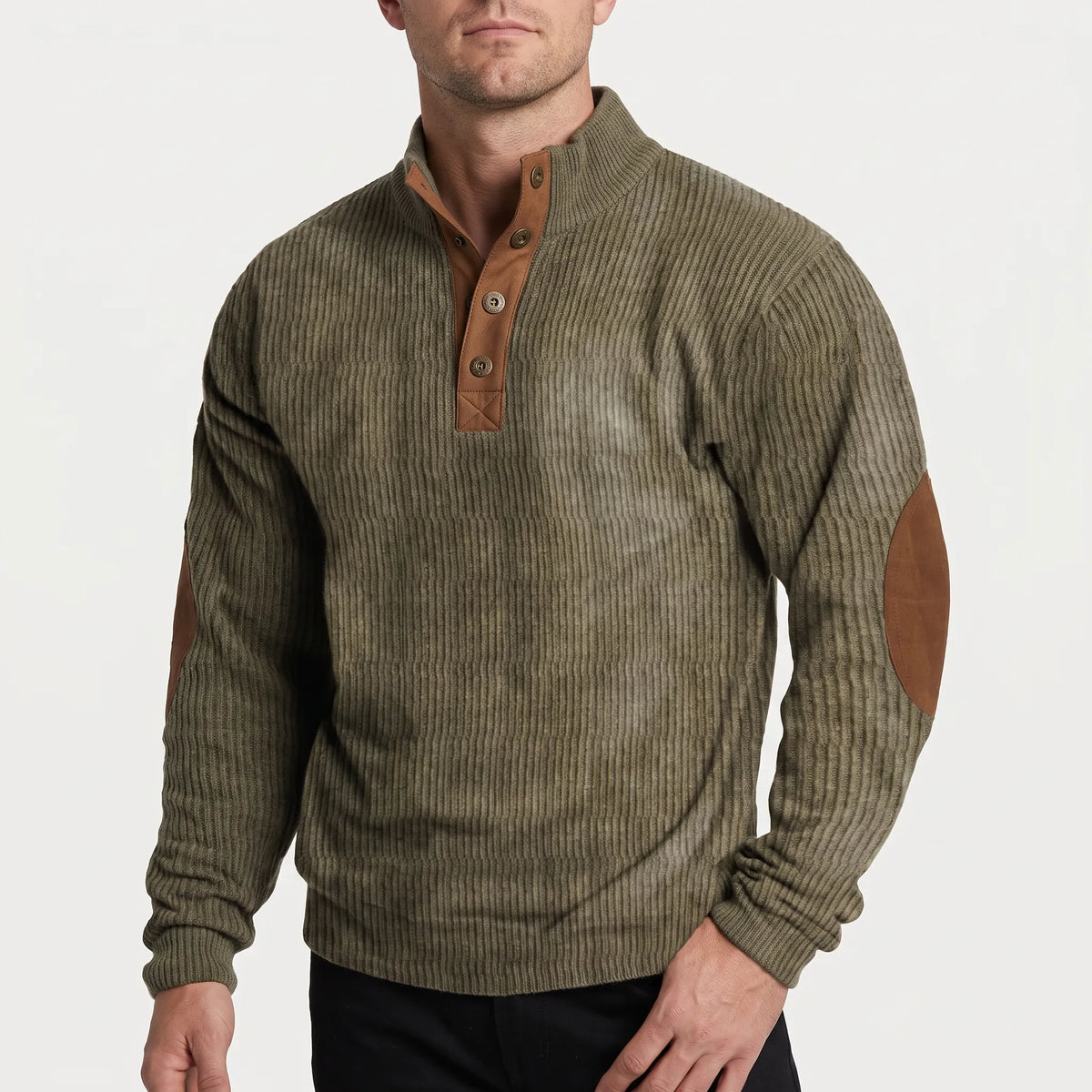 Men's ribbed half-zip jumper with mock neck and contrasting elbow patches