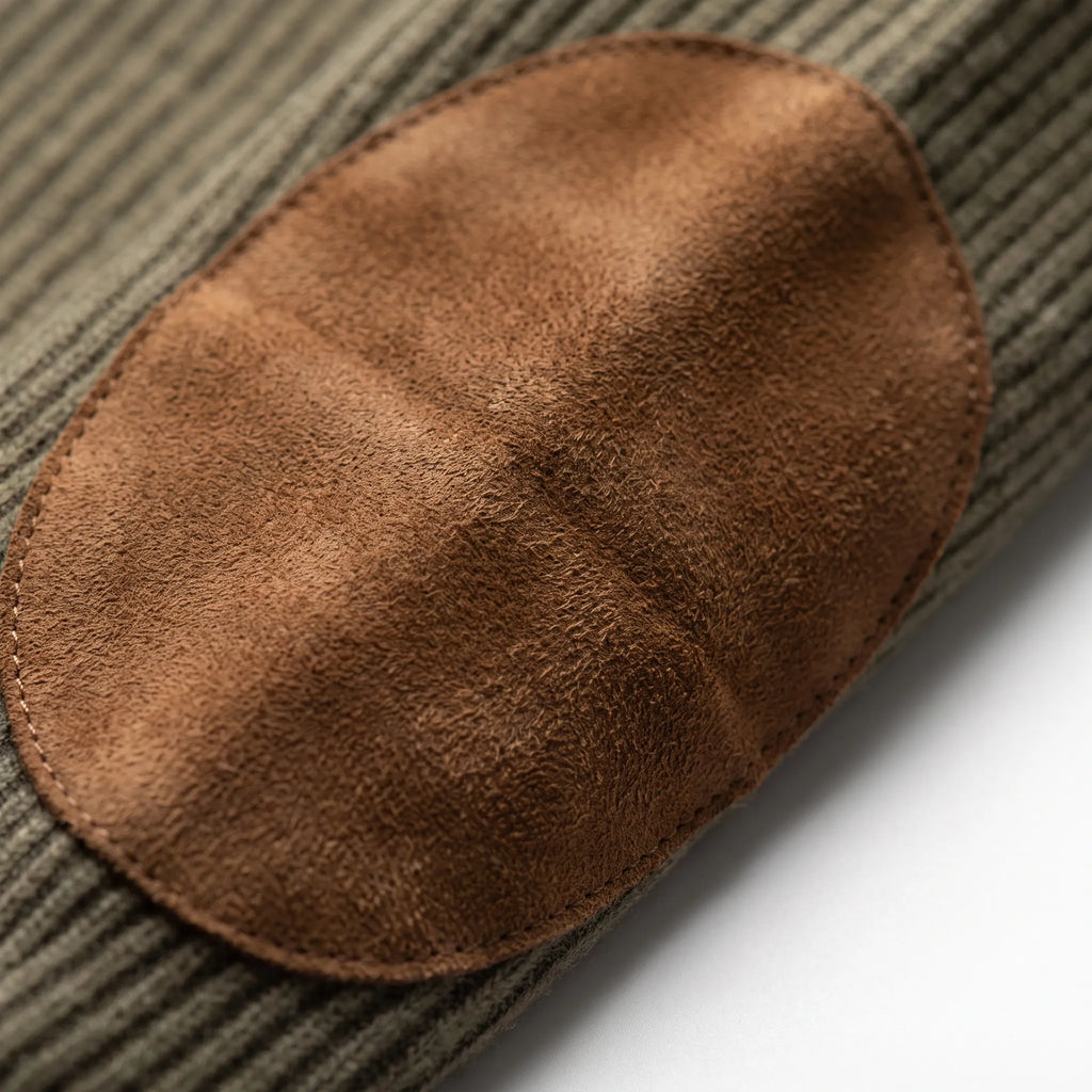 Men's ribbed half-zip jumper with mock neck and contrasting elbow patches