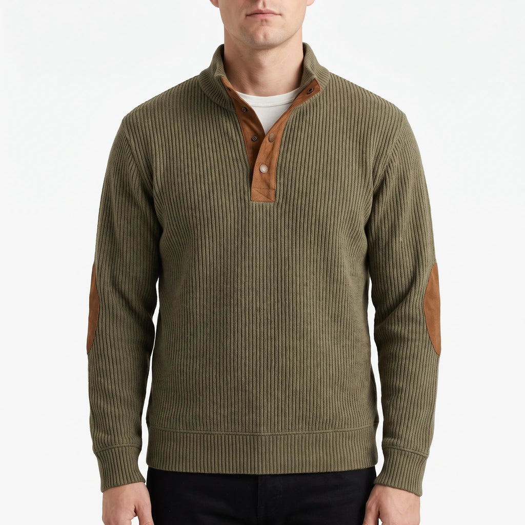Men's ribbed half-zip jumper with mock neck and contrasting elbow patches