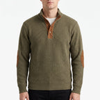 Men's ribbed half-zip jumper with mock neck and contrasting elbow patches