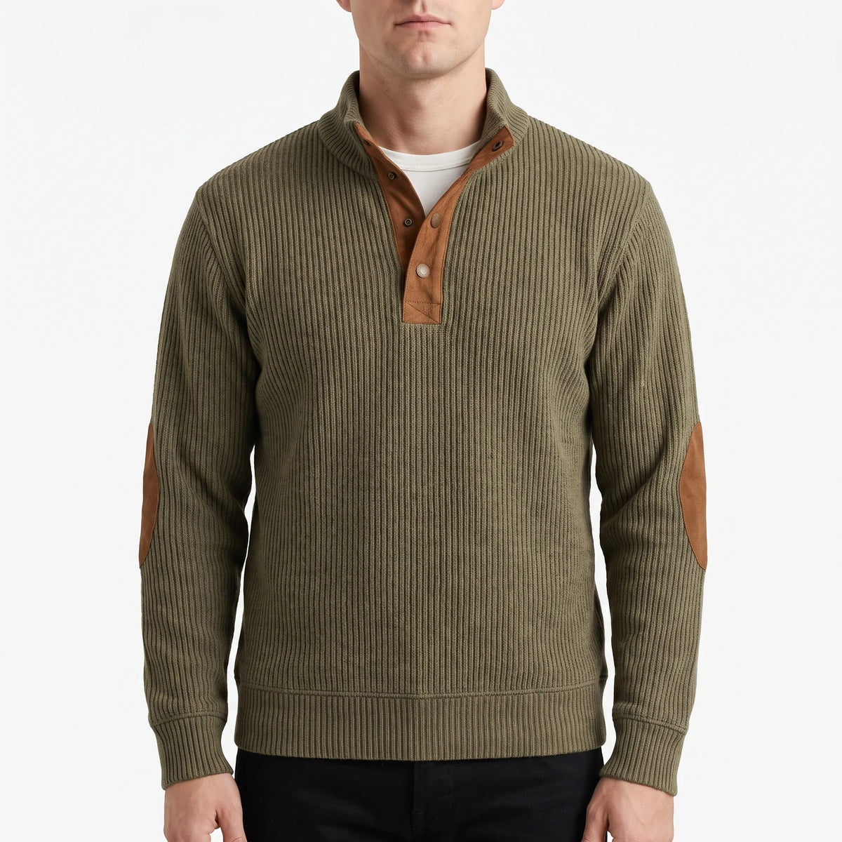 Men's ribbed half-zip jumper with mock neck and contrasting elbow patches