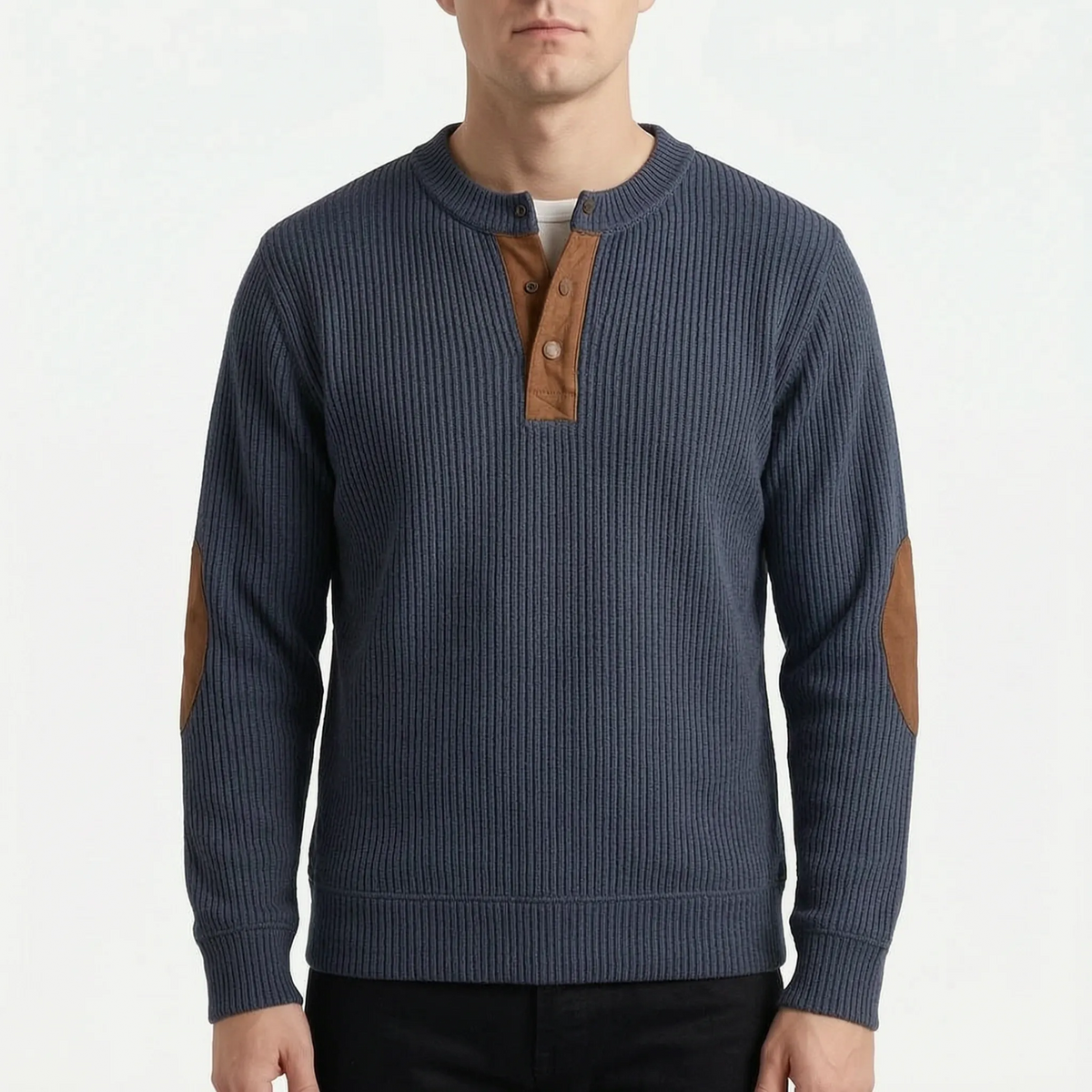 Men's ribbed half-zip jumper with mock neck and contrasting elbow patches