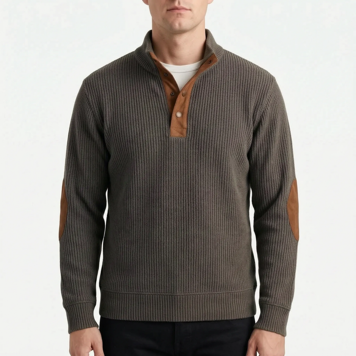 Men's ribbed half-zip jumper with mock neck and contrasting elbow patches
