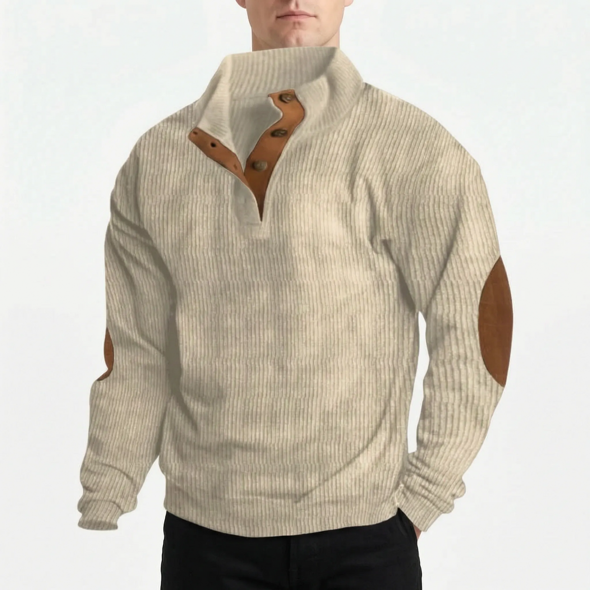 Men's ribbed half-zip jumper with mock neck and contrasting elbow patches
