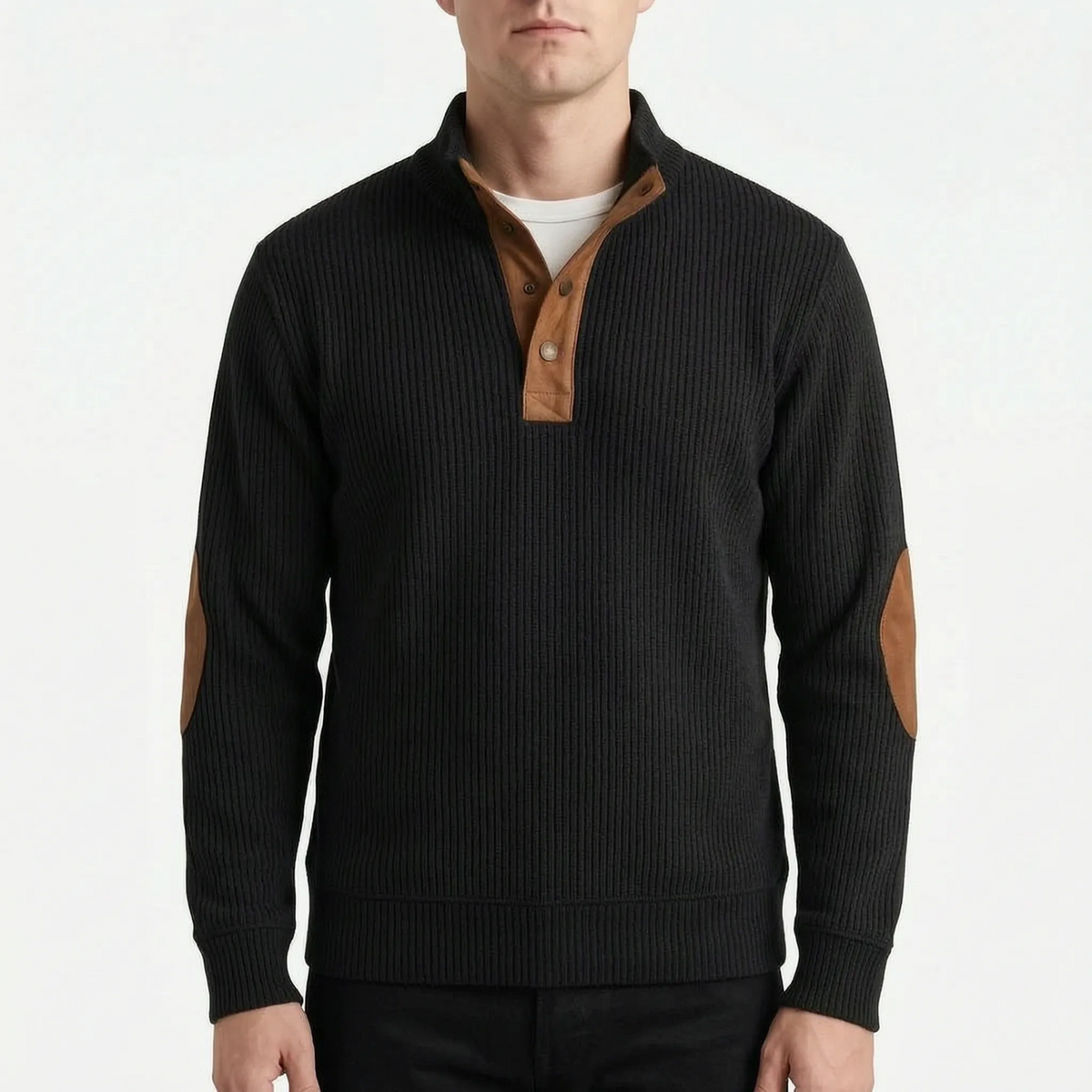 Men's ribbed half-zip jumper with mock neck and contrasting elbow patches