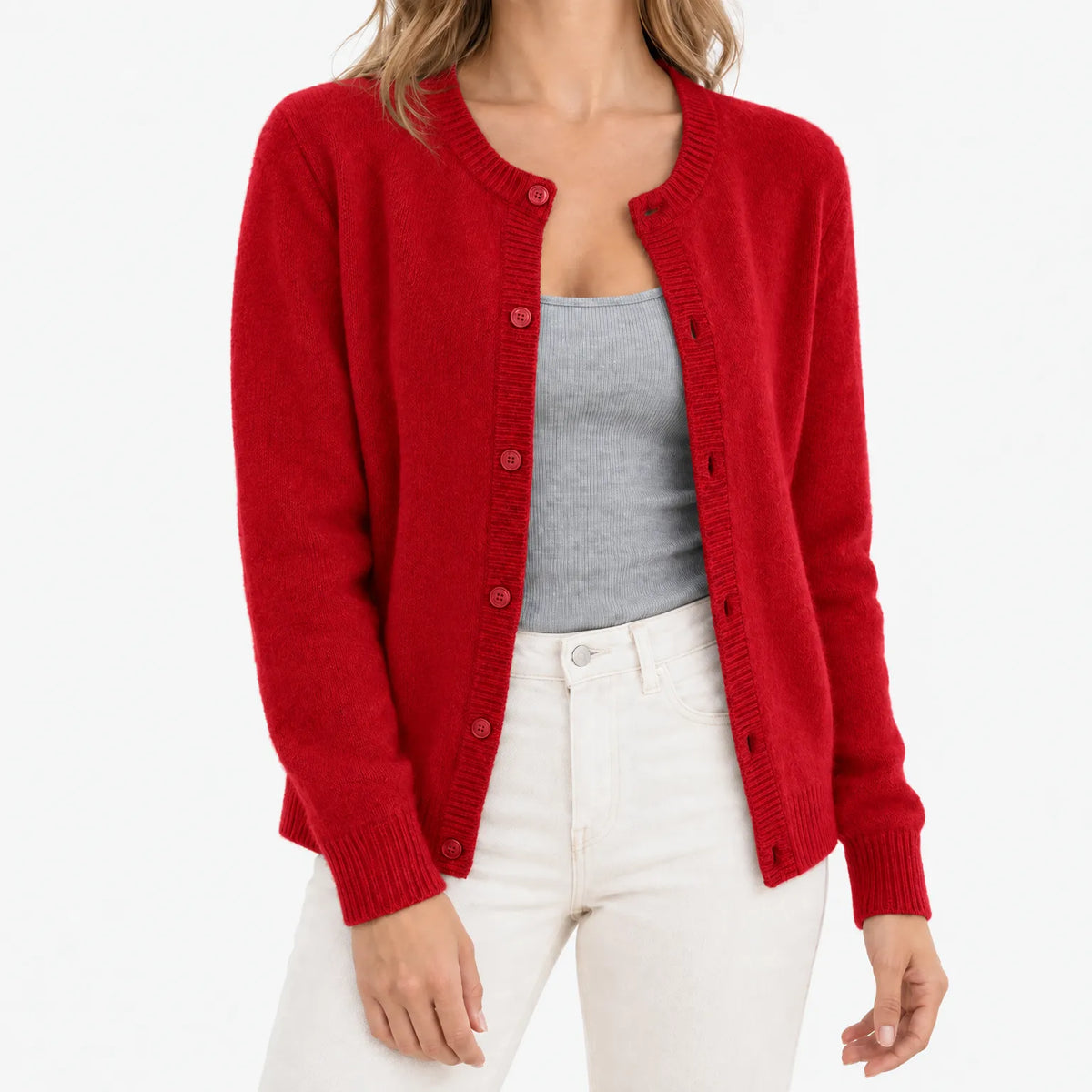 Women's crew neck knitted cardigan with long sleeves and button front