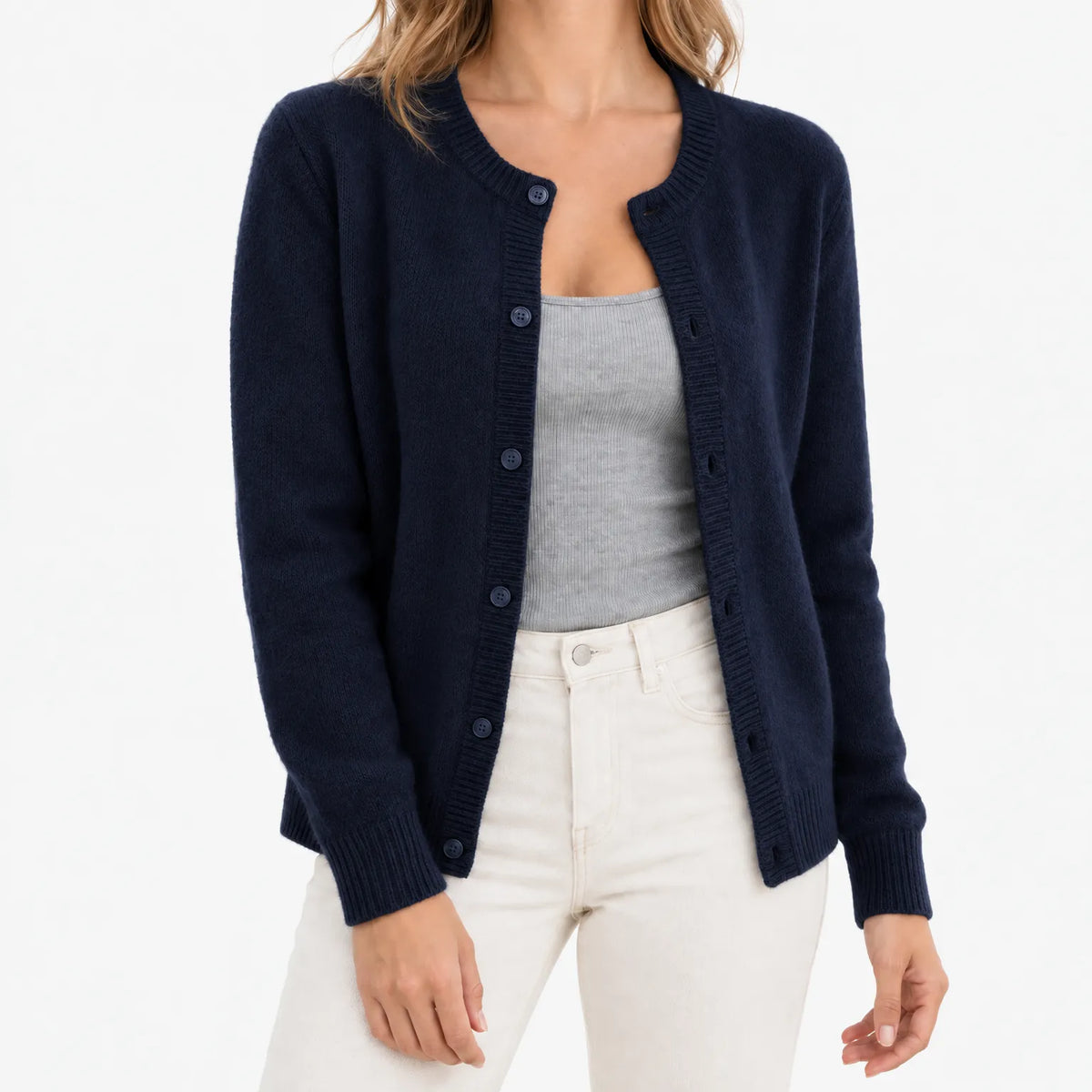 Women's crew neck knitted cardigan with long sleeves and button front