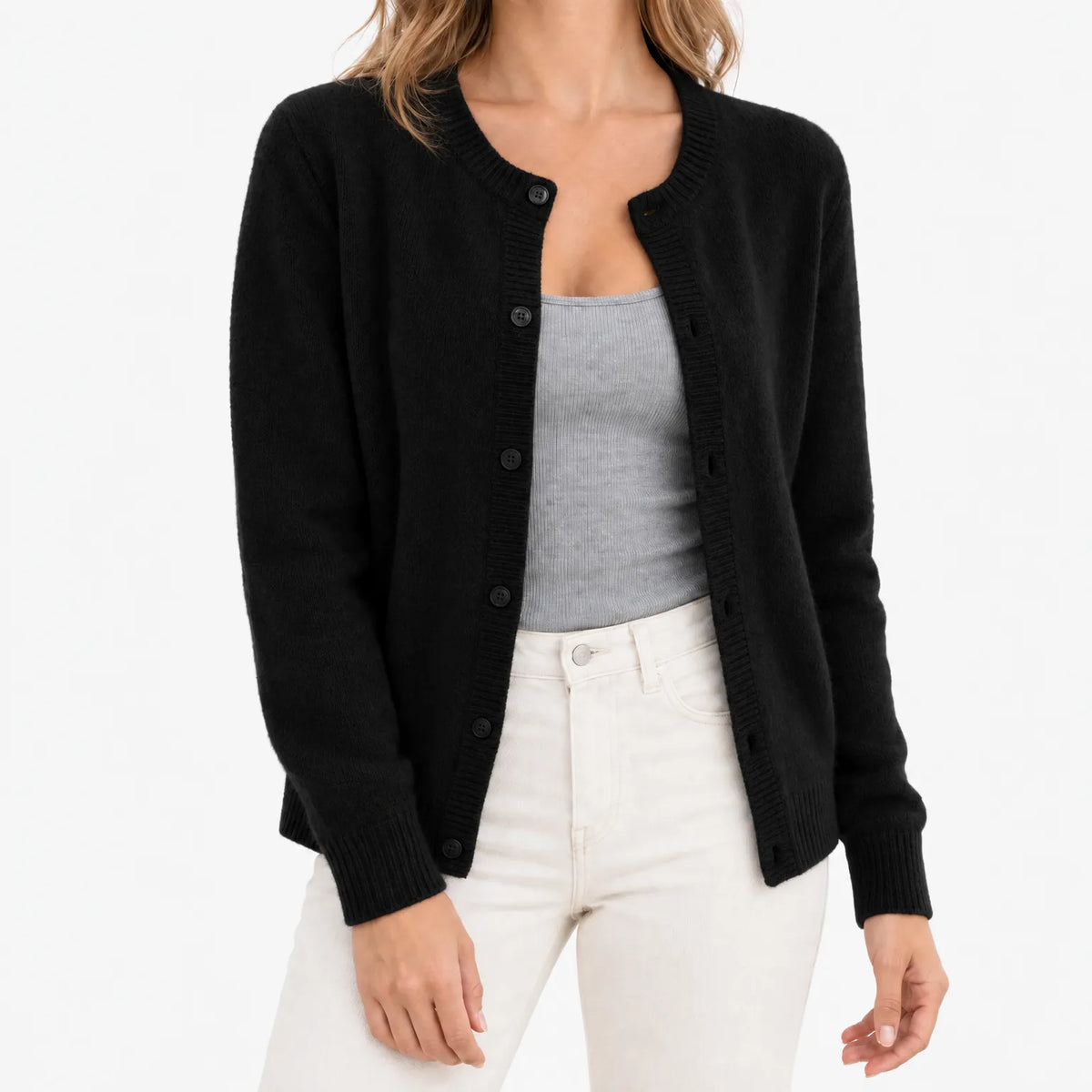 Women's crew neck knitted cardigan with long sleeves and button front