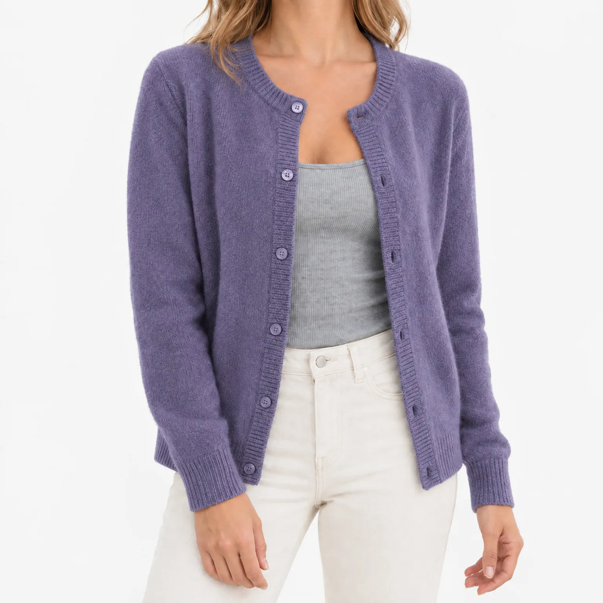 Women's crew neck knitted cardigan with long sleeves and button front